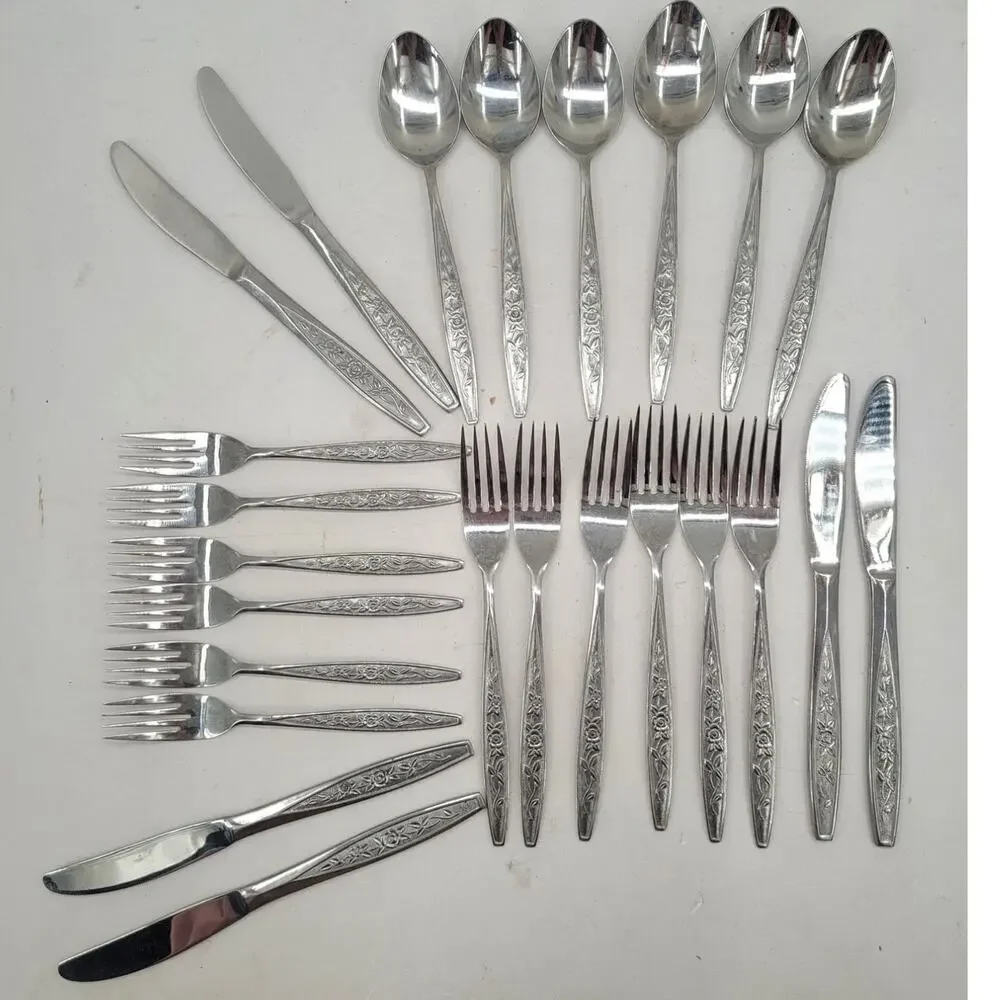 Eldan ELD18 Stainless Flatware Set Japan Roses Textured 24 Pc Tableware